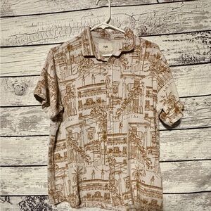 Folk Clothing Button Front Medium Beige Brown Scenic Print Short Sleeve Cotton